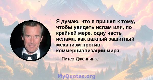 Я думаю, что я пришел к тому, чтобы увидеть ислам или, по крайней мере, одну часть ислама, как важный защитный механизм против коммерциализации мира.