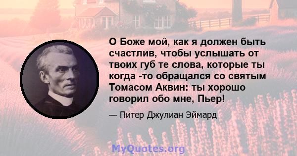 О Боже мой, как я должен быть счастлив, чтобы услышать от твоих губ те слова, которые ты когда -то обращался со святым Томасом Аквин: ты хорошо говорил обо мне, Пьер!