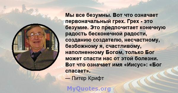 Мы все безумны. Вот что означает первоначальный грех. Грех - это безумие. Это предпочитает конечную радость бесконечной радости, созданию создателю, несчастному, безбожному я, счастливому, наполненному Богом, только Бог 