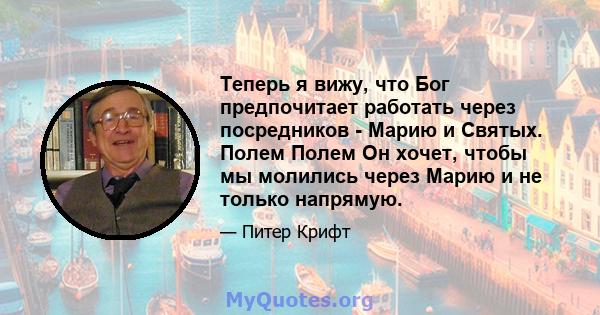 Теперь я вижу, что Бог предпочитает работать через посредников - Марию и Святых. Полем Полем Он хочет, чтобы мы молились через Марию и не только напрямую.