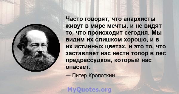 Часто говорят, что анархисты живут в мире мечты, и не видят то, что происходит сегодня. Мы видим их слишком хорошо, и в их истинных цветах, и это то, что заставляет нас нести топор в лес предрассудков, который нас