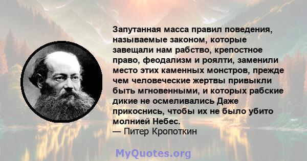 Запутанная масса правил поведения, называемые законом, которые завещали нам рабство, крепостное право, феодализм и роялти, заменили место этих каменных монстров, прежде чем человеческие жертвы привыкли быть мгновенными, 