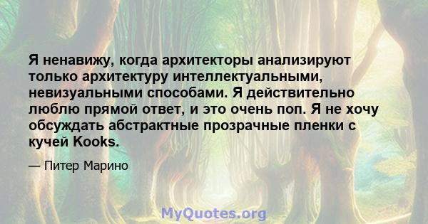 Я ненавижу, когда архитекторы анализируют только архитектуру интеллектуальными, невизуальными способами. Я действительно люблю прямой ответ, и это очень поп. Я не хочу обсуждать абстрактные прозрачные пленки с кучей