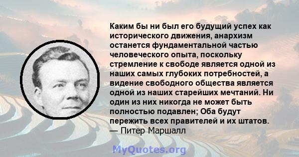 Каким бы ни был его будущий успех как исторического движения, анархизм останется фундаментальной частью человеческого опыта, поскольку стремление к свободе является одной из наших самых глубоких потребностей, а видение