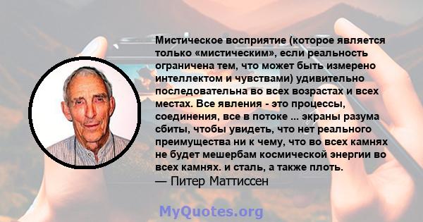 Мистическое восприятие (которое является только «мистическим», если реальность ограничена тем, что может быть измерено интеллектом и чувствами) удивительно последовательна во всех возрастах и ​​всех местах. Все явления