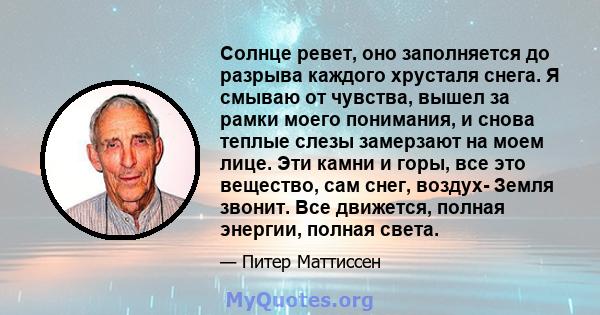 Солнце ревет, оно заполняется до разрыва каждого хрусталя снега. Я смываю от чувства, вышел за рамки моего понимания, и снова теплые слезы замерзают на моем лице. Эти камни и горы, все это вещество, сам снег, воздух-