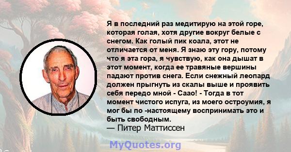 Я в последний раз медитирую на этой горе, которая голая, хотя другие вокруг белые с снегом. Как голый пик коала, этот не отличается от меня. Я знаю эту гору, потому что я эта гора, я чувствую, как она дышат в этот