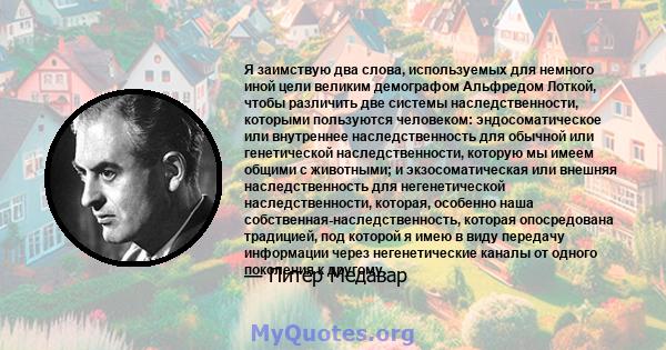 Я заимствую два слова, используемых для немного иной цели великим демографом Альфредом Лоткой, чтобы различить две системы наследственности, которыми пользуются человеком: эндосоматическое или внутреннее