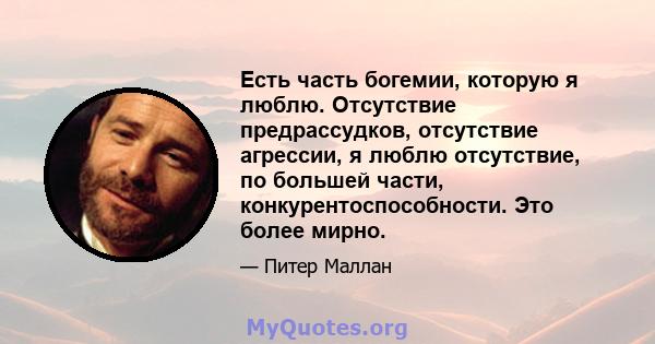 Есть часть богемии, которую я люблю. Отсутствие предрассудков, отсутствие агрессии, я люблю отсутствие, по большей части, конкурентоспособности. Это более мирно.