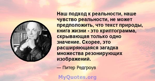 Наш подход к реальности, наше чувство реальности, не может предположить, что текст природы, книга жизни - это криптограмма, скрывающая только одно значение. Скорее, это расширяющаяся загадка множества резонирующих