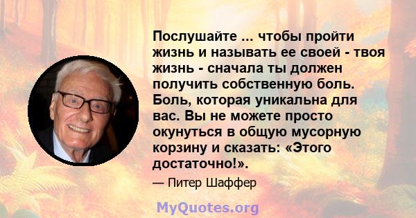 Послушайте ... чтобы пройти жизнь и называть ее своей - твоя жизнь - сначала ты должен получить собственную боль. Боль, которая уникальна для вас. Вы не можете просто окунуться в общую мусорную корзину и сказать: «Этого 