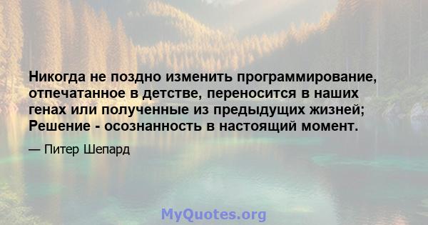 Никогда не поздно изменить программирование, отпечатанное в детстве, переносится в наших генах или полученные из предыдущих жизней; Решение - осознанность в настоящий момент.