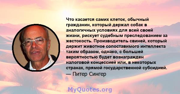 Что касается самих клеток, обычный гражданин, который держал собак в аналогичных условиях для всей своей жизни, рискует судебным преследованием за жестокость. Производитель свиней, который держит животное сопоставимого