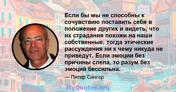 Если бы мы не способны к сочувствию поставить себя в положение других и видеть, что их страдания похожи на наши собственные, тогда этические рассуждения ни к чему никуда не приведут. Если эмоции без причины слепа, то