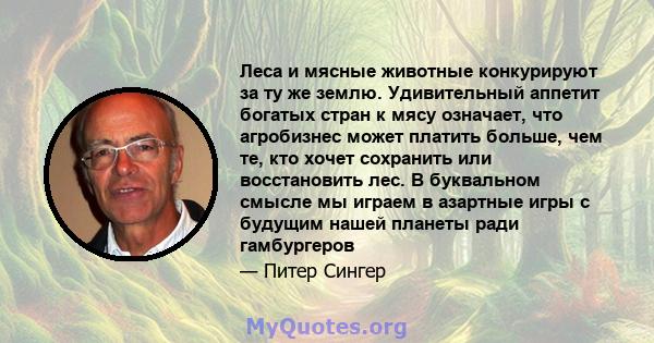 Леса и мясные животные конкурируют за ту же землю. Удивительный аппетит богатых стран к мясу означает, что агробизнес может платить больше, чем те, кто хочет сохранить или восстановить лес. В буквальном смысле мы играем 