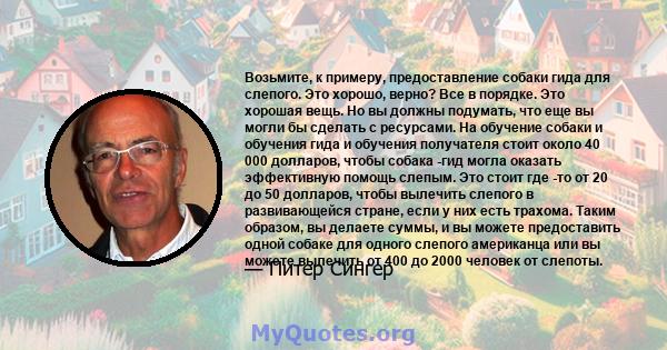 Возьмите, к примеру, предоставление собаки гида для слепого. Это хорошо, верно? Все в порядке. Это хорошая вещь. Но вы должны подумать, что еще вы могли бы сделать с ресурсами. На обучение собаки и обучения гида и