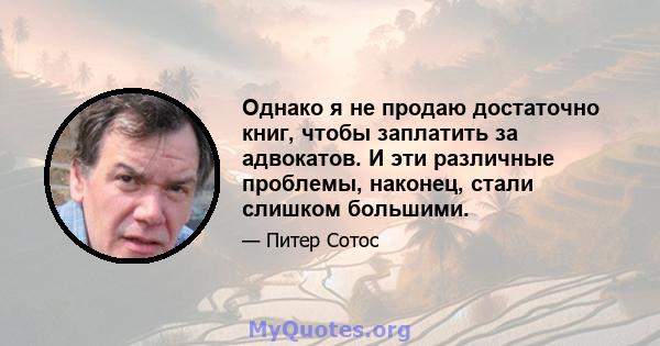 Однако я не продаю достаточно книг, чтобы заплатить за адвокатов. И эти различные проблемы, наконец, стали слишком большими.