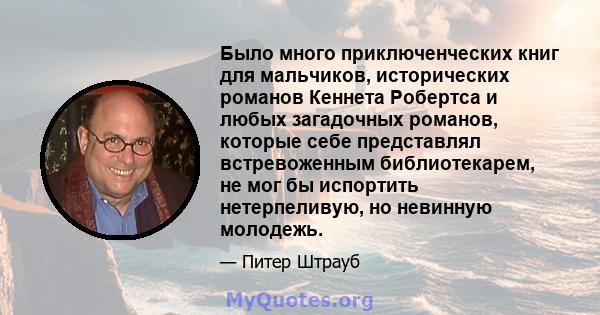 Было много приключенческих книг для мальчиков, исторических романов Кеннета Робертса и любых загадочных романов, которые себе представлял встревоженным библиотекарем, не мог бы испортить нетерпеливую, но невинную