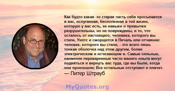 Как будто какая -то старая часть себя просыпается в вас, испуганная, бесполезная в той жизни, которую у вас есть, ее навыки и привычки разрушительны, но не повреждены, и то, что осталось от настоящего, человека,