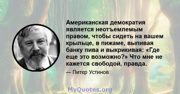 Американская демократия является неотъемлемым правом, чтобы сидеть на вашем крыльце, в пижаме, выпивая банку пива и выкрикивая: «Где еще это возможно?» Что мне не кажется свободой, правда.