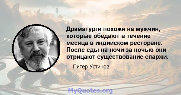 Драматурги похожи на мужчин, которые обедают в течение месяца в индийском ресторане. После еды на ночи за ночью они отрицают существование спаржи.