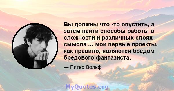 Вы должны что -то опустить, а затем найти способы работы в сложности и различных слоях смысла ... мои первые проекты, как правило, являются бредом бредового фантазиста.