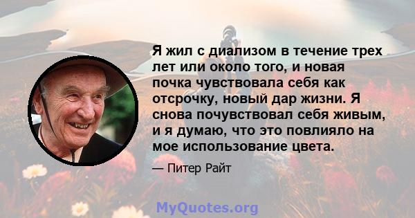 Я жил с диализом в течение трех лет или около того, и новая почка чувствовала себя как отсрочку, новый дар жизни. Я снова почувствовал себя живым, и я думаю, что это повлияло на мое использование цвета.