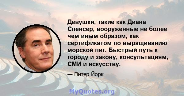 Девушки, такие как Диана Спенсер, вооруженные не более чем иным образом, как сертификатом по выращиванию морской пиг. Быстрый путь к городу и закону, консультациям, СМИ и искусству.