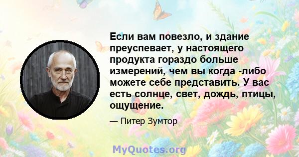 Если вам повезло, и здание преуспевает, у настоящего продукта гораздо больше измерений, чем вы когда -либо можете себе представить. У вас есть солнце, свет, дождь, птицы, ощущение.