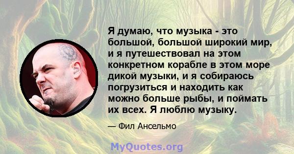 Я думаю, что музыка - это большой, большой широкий мир, и я путешествовал на этом конкретном корабле в этом море дикой музыки, и я собираюсь погрузиться и находить как можно больше рыбы, и поймать их всех. Я люблю