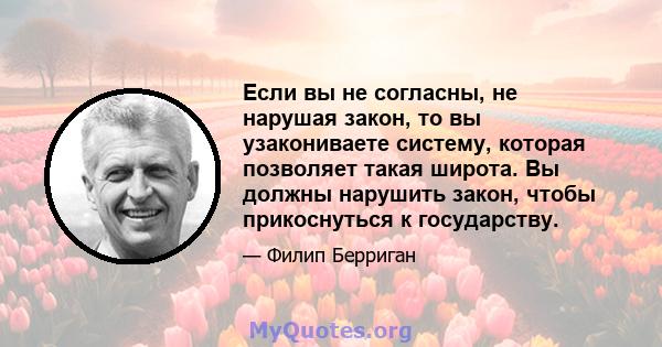 Если вы не согласны, не нарушая закон, то вы узакониваете систему, которая позволяет такая широта. Вы должны нарушить закон, чтобы прикоснуться к государству.