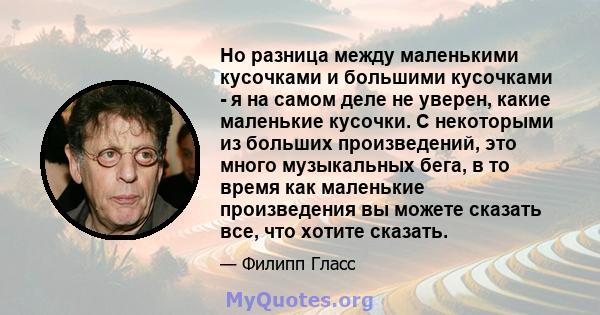 Но разница между маленькими кусочками и большими кусочками - я на самом деле не уверен, какие маленькие кусочки. С некоторыми из больших произведений, это много музыкальных бега, в то время как маленькие произведения вы 