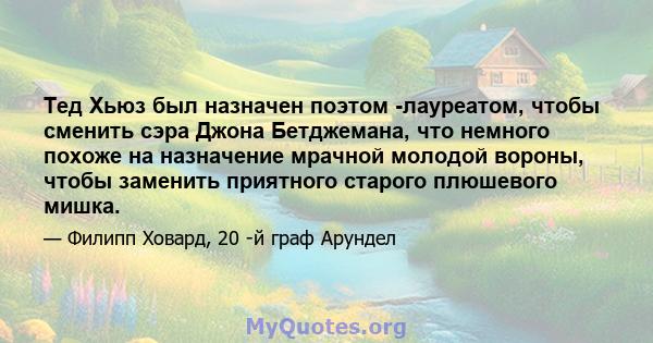 Тед Хьюз был назначен поэтом -лауреатом, чтобы сменить сэра Джона Бетджемана, что немного похоже на назначение мрачной молодой вороны, чтобы заменить приятного старого плюшевого мишка.