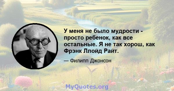 У меня не было мудрости - просто ребенок, как все остальные. Я не так хорош, как Фрэнк Ллойд Райт.