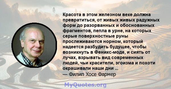 Красота в этом железном веке должна превратиться, от живых живых радужных форм до разорванных и обоснованных фрагментов, пепла в урне, на которых серые поверхностные руны прослеживаются норном, который надеется