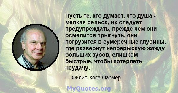 Пусть те, кто думает, что душа - мелкая рельса, их следует предупреждать, прежде чем они осмелится прыгнуть, они погрузится в сумеречные глубины, где развернут непрерыскую жажду больших зубов, слишком быстрые, чтобы