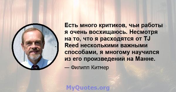 Есть много критиков, чьи работы я очень восхищаюсь. Несмотря на то, что я расходятся от TJ Reed несколькими важными способами, я многому научился из его произведений на Манне.