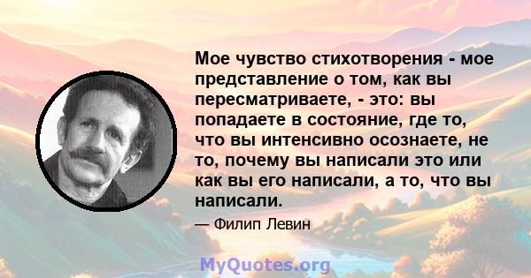 Мое чувство стихотворения - мое представление о том, как вы пересматриваете, - это: вы попадаете в состояние, где то, что вы интенсивно осознаете, не то, почему вы написали это или как вы его написали, а то, что вы