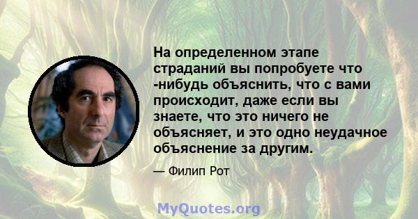 На определенном этапе страданий вы попробуете что -нибудь объяснить, что с вами происходит, даже если вы знаете, что это ничего не объясняет, и это одно неудачное объяснение за другим.