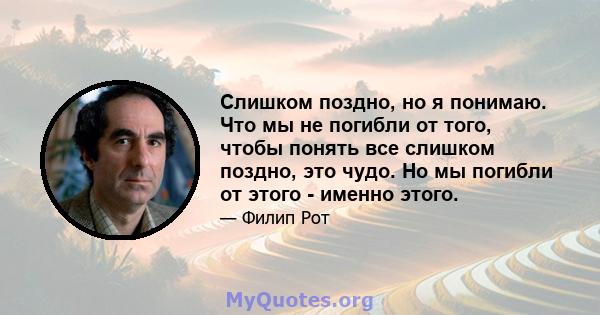 Слишком поздно, но я понимаю. Что мы не погибли от того, чтобы понять все слишком поздно, это чудо. Но мы погибли от этого - именно этого.