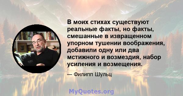 В моих стихах существуют реальные факты, но факты, смешанные в извращенном упорном тушении воображения, добавили одну или два мстижного и возмездия, набор усиления и возмещения.