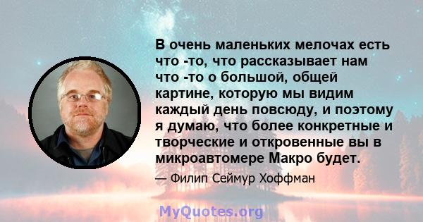 В очень маленьких мелочах есть что -то, что рассказывает нам что -то о большой, общей картине, которую мы видим каждый день повсюду, и поэтому я думаю, что более конкретные и творческие и откровенные вы в микроавтомере