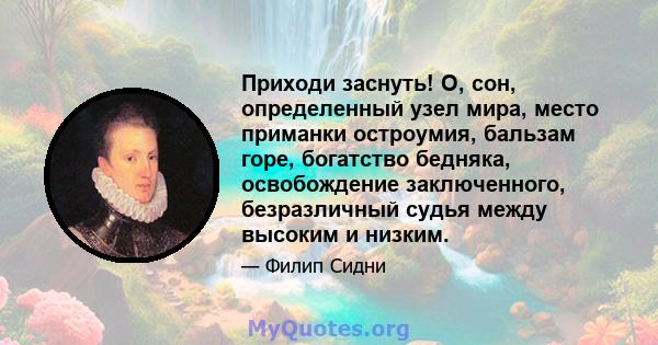 Приходи заснуть! О, сон, определенный узел мира, место приманки остроумия, бальзам горе, богатство бедняка, освобождение заключенного, безразличный судья между высоким и низким.