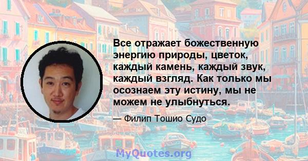 Все отражает божественную энергию природы, цветок, каждый камень, каждый звук, каждый взгляд. Как только мы осознаем эту истину, мы не можем не улыбнуться.