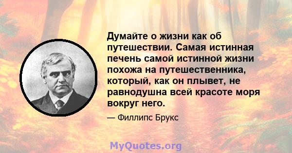 Думайте о жизни как об путешествии. Самая истинная печень самой истинной жизни похожа на путешественника, который, как он плывет, не равнодушна всей красоте моря вокруг него.