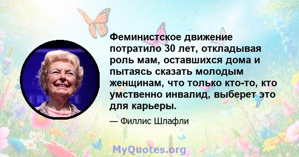 Феминистское движение потратило 30 лет, откладывая роль мам, оставшихся дома и пытаясь сказать молодым женщинам, что только кто-то, кто умственно инвалид, выберет это для карьеры.