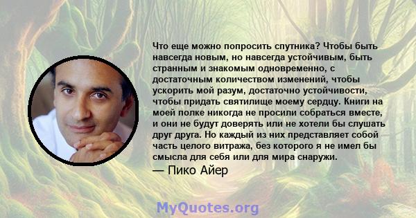 Что еще можно попросить спутника? Чтобы быть навсегда новым, но навсегда устойчивым, быть странным и знакомым одновременно, с достаточным количеством изменений, чтобы ускорить мой разум, достаточно устойчивости, чтобы