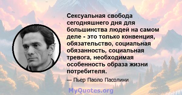 Сексуальная свобода сегодняшнего дня для большинства людей на самом деле - это только конвенция, обязательство, социальная обязанность, социальная тревога, необходимая особенность образа жизни потребителя.