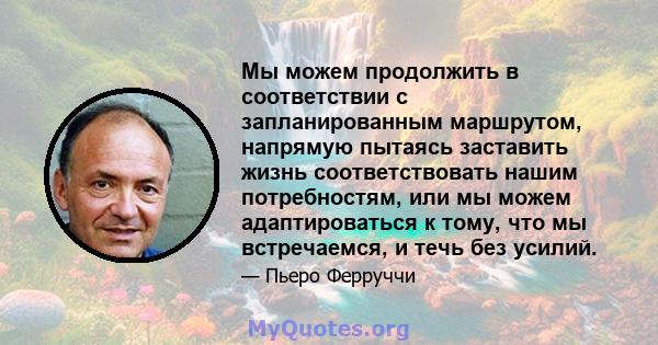 Мы можем продолжить в соответствии с запланированным маршрутом, напрямую пытаясь заставить жизнь соответствовать нашим потребностям, или мы можем адаптироваться к тому, что мы встречаемся, и течь без усилий.