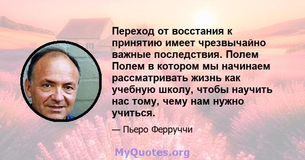 Переход от восстания к принятию имеет чрезвычайно важные последствия. Полем Полем в котором мы начинаем рассматривать жизнь как учебную школу, чтобы научить нас тому, чему нам нужно учиться.